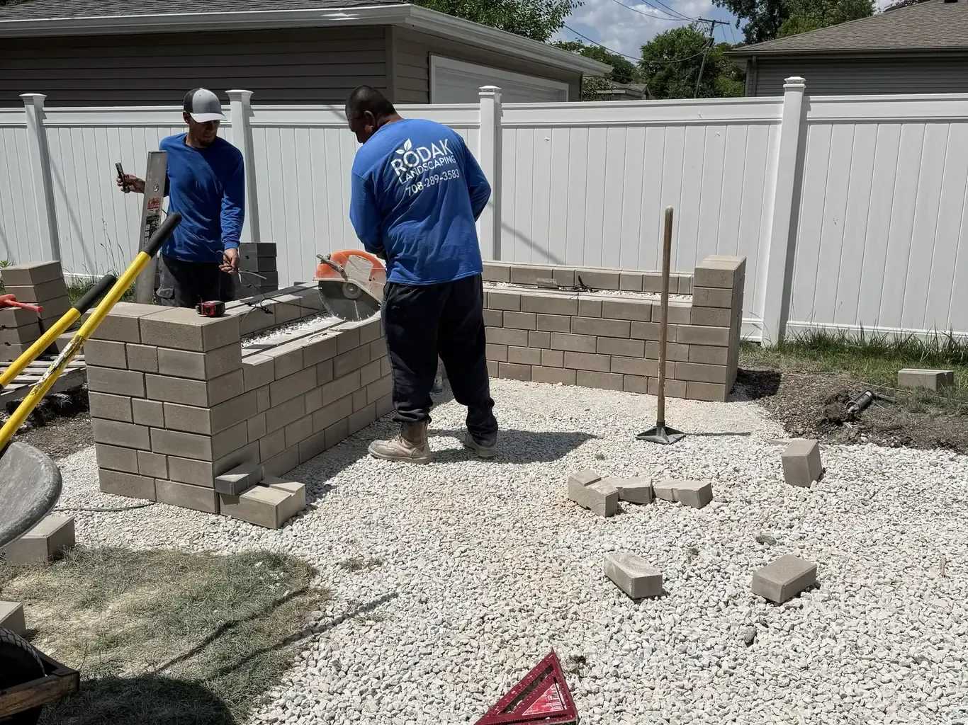 Tinley Park Backyard Patio with Lit Sitting Wall, paver patios in Tinley Park by Rodak Landscaping