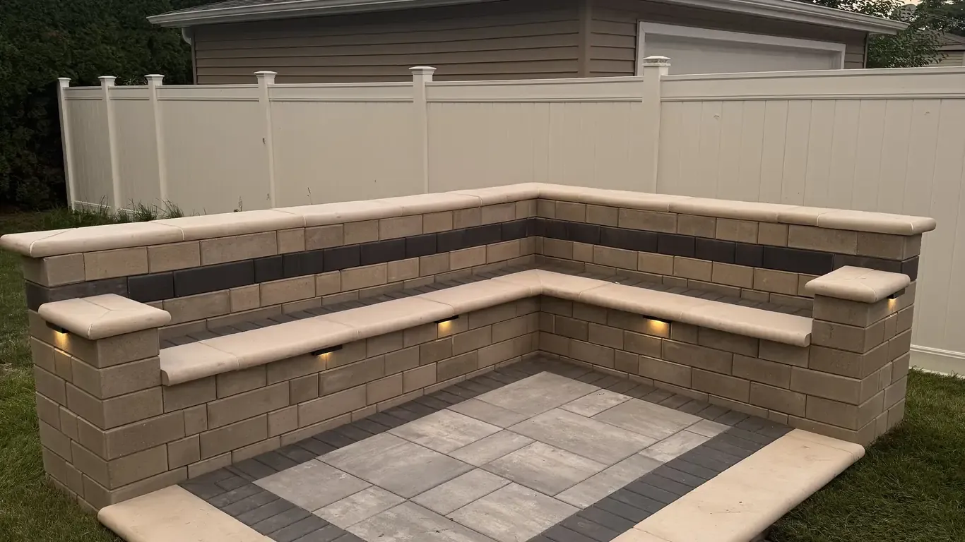L-shaped sitting wall with integrated low-voltage cap lighting glowing at dusk, built by Rodak Landscaping in Tinley Park